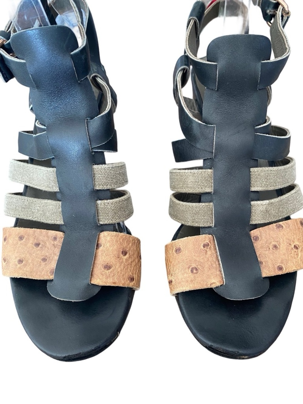 Balenciaga Paris Black Leather Ostrich Wedge Gladiator Sandals size 8 - Picture 4 of 9